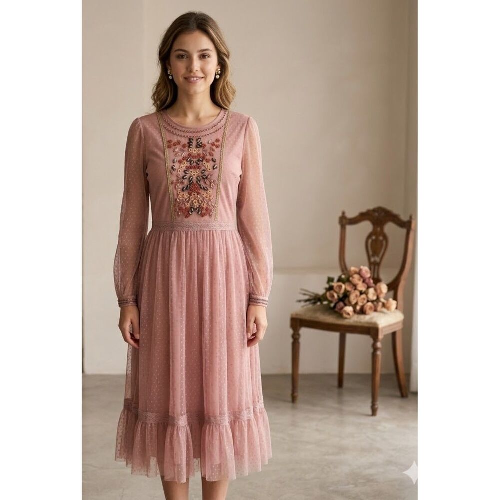 Tintoretto Junior Beaded Pink Midi Dress Made in Spain Size 44 US Size 6-8